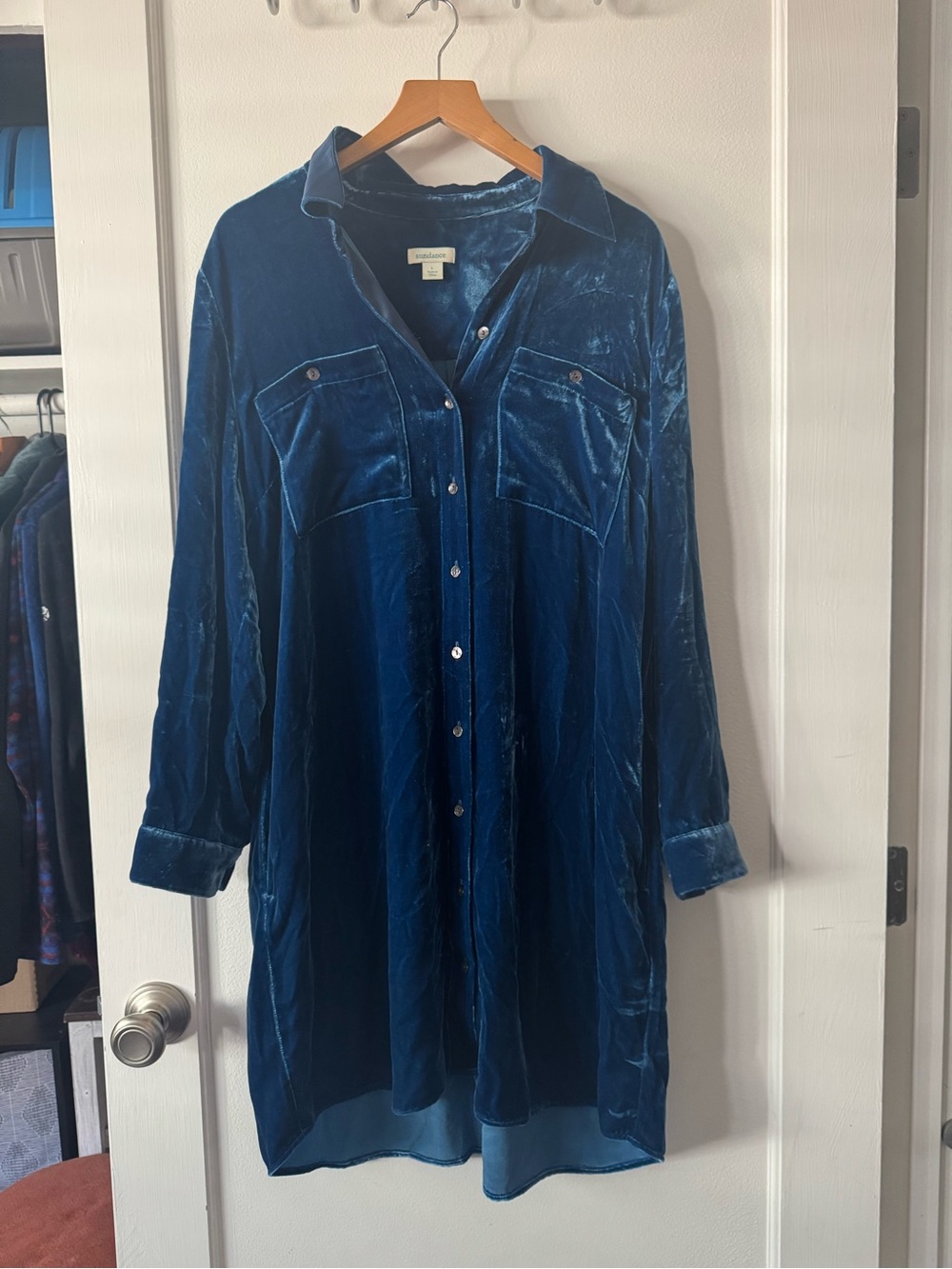 Sundance Crushed Velvet Blue Button-Down Dress